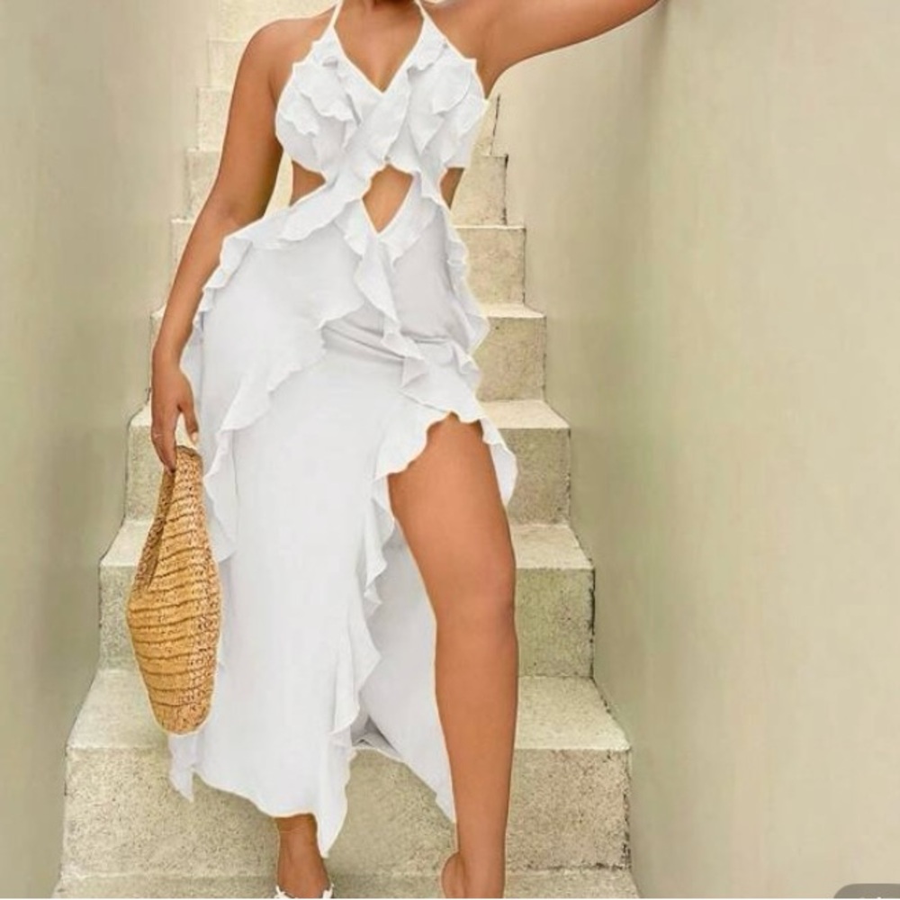 White Ruffled Halter Dress - Picture 2 of 4